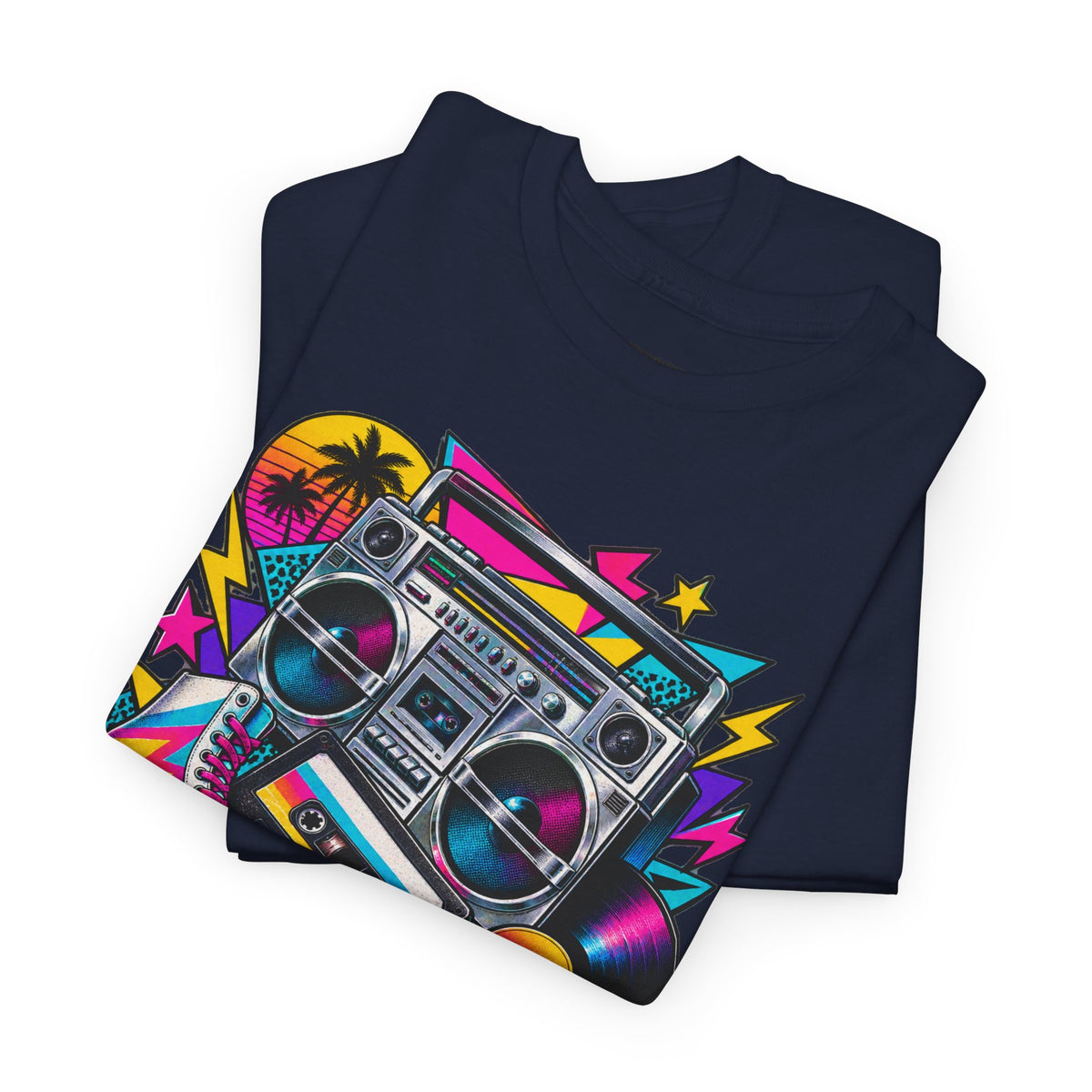 Retro Boombox Tee — 80s Neon Music Graphic T-Shirt