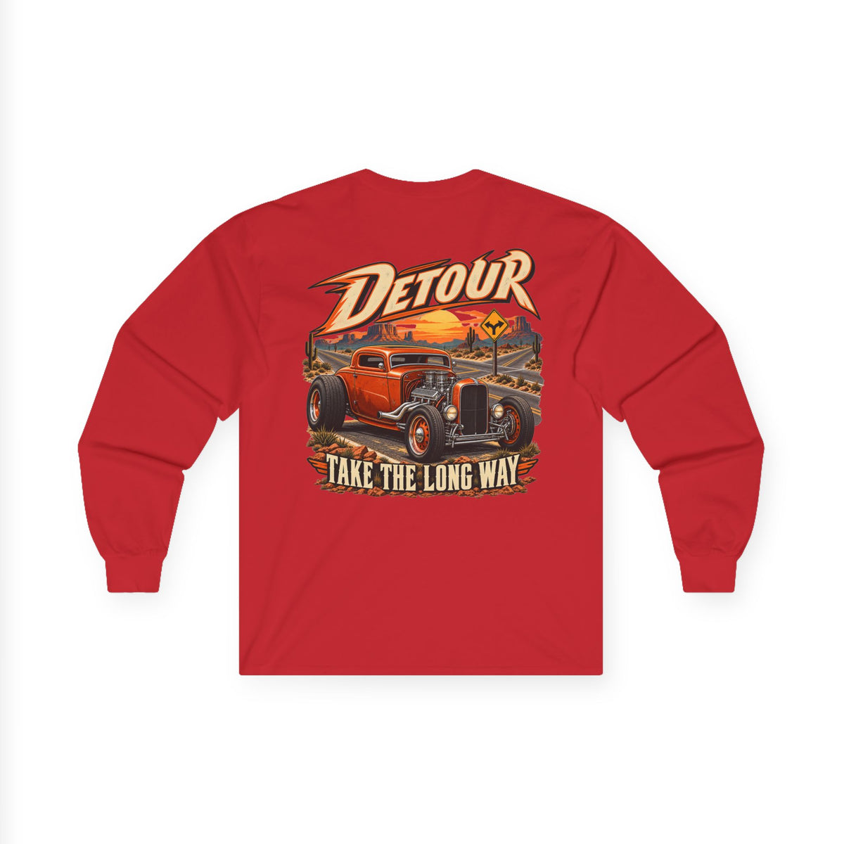 Detour Classic Car Long Sleeve Tee – 'Take The Long Way' Vintage Hot Rod Shirt