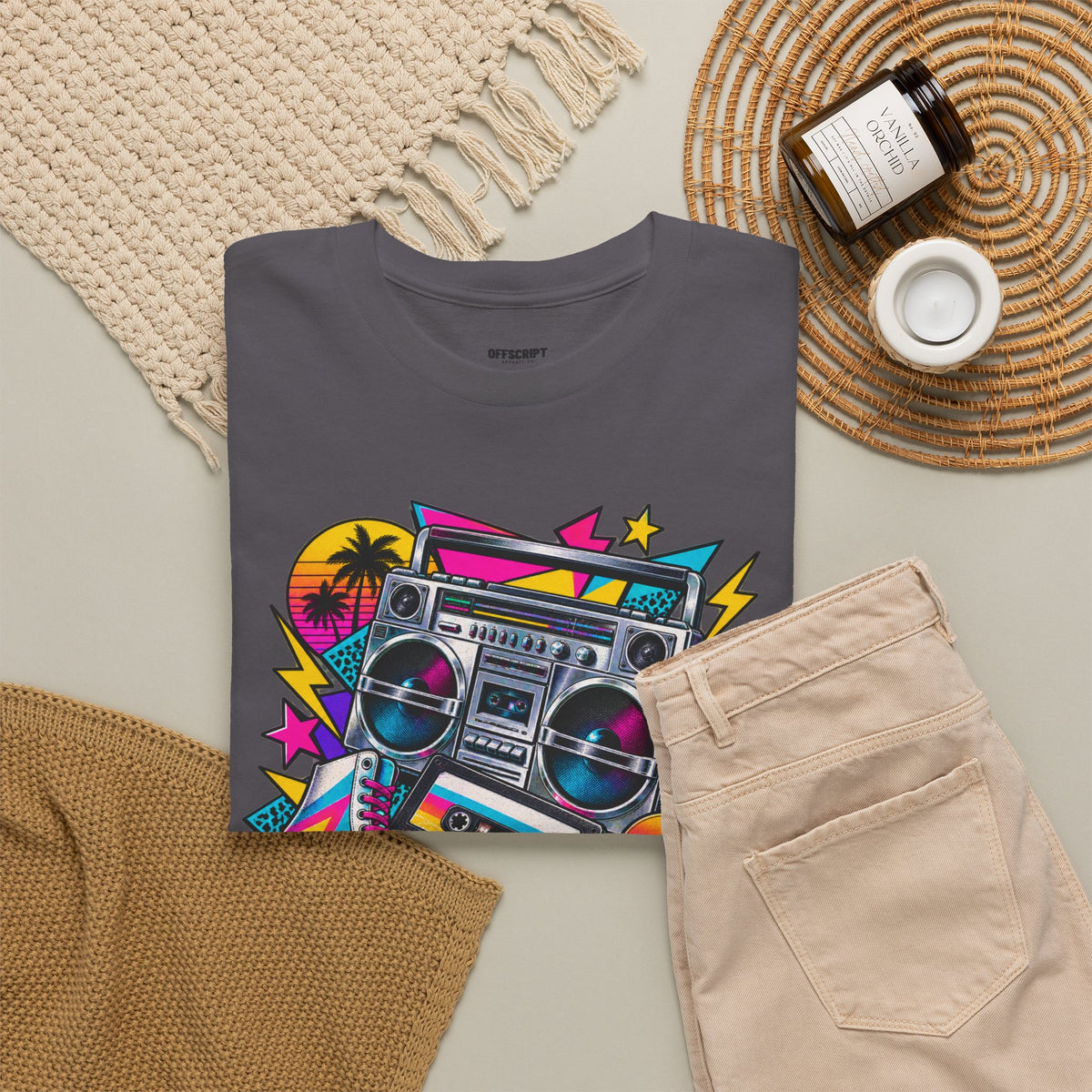 Retro Boombox Tee — 80s Neon Music Graphic T-Shirt