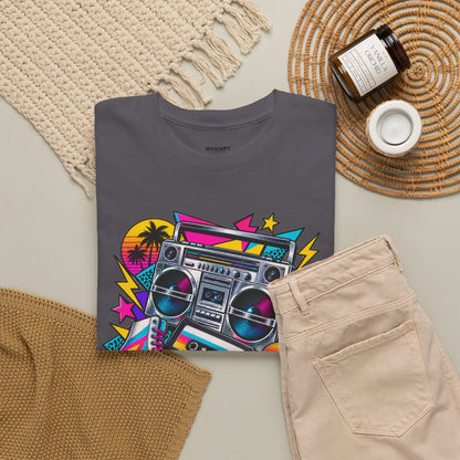 Retro Boombox Tee — 80s Neon Music Graphic T-Shirt
