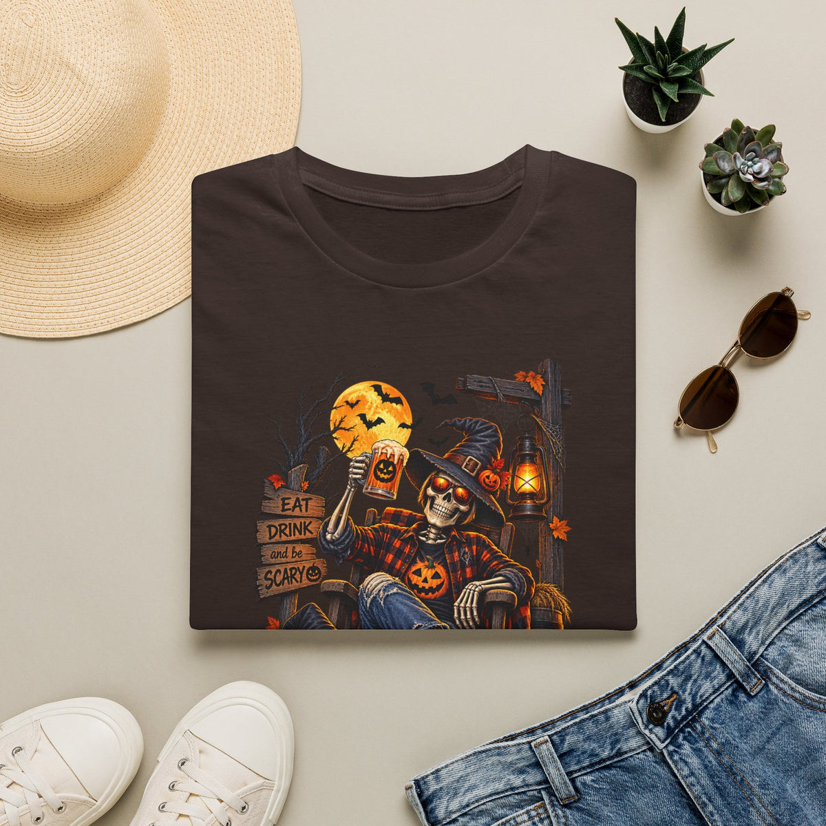 Halloween Skeleton Lounge T-Shirt — "Eat Drink & Be Scary" Graphic Tee