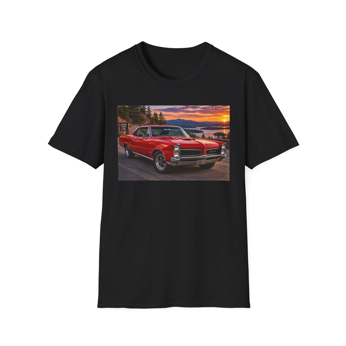Classic Red Muscle Car T-Shirt — Vintage Pontiac Sunset Driving Tee