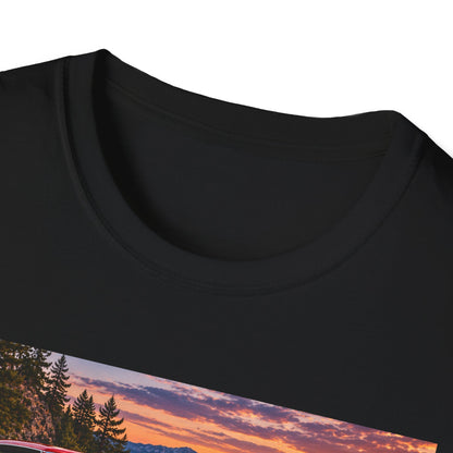 Classic Red Muscle Car T-Shirt — Vintage Pontiac Sunset Driving Tee