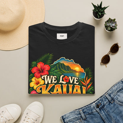 We Love Kauai T-Shirt — Hawaiian Island Sunset Floral Tee