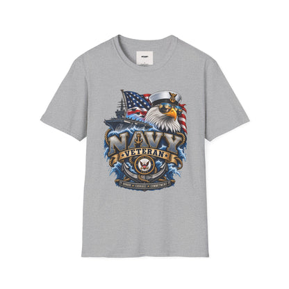 Navy Veteran Eagle T‑Shirt – Patriotic American Flag & Battleship Design