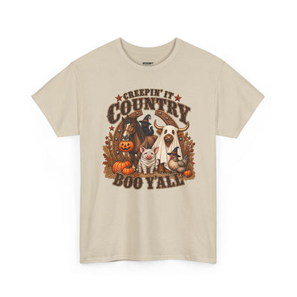 Country Halloween Tee — "Keepin' It Country Boo Y'all" Farm Animal Pumpkin T-Shirt