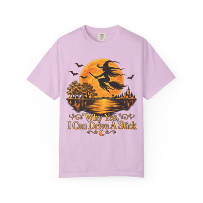 Witch Flying Over Moon T-Shirt – "Why Yes, I Can Drive A Stick" Halloween Tee