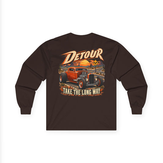 Detour Classic Car Long Sleeve Tee – 'Take The Long Way' Vintage Hot Rod Shirt