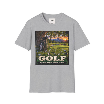 Golf Relaxation T-Shirt — "GOLF: a great way to relieve stress" Scenic Sunset Design