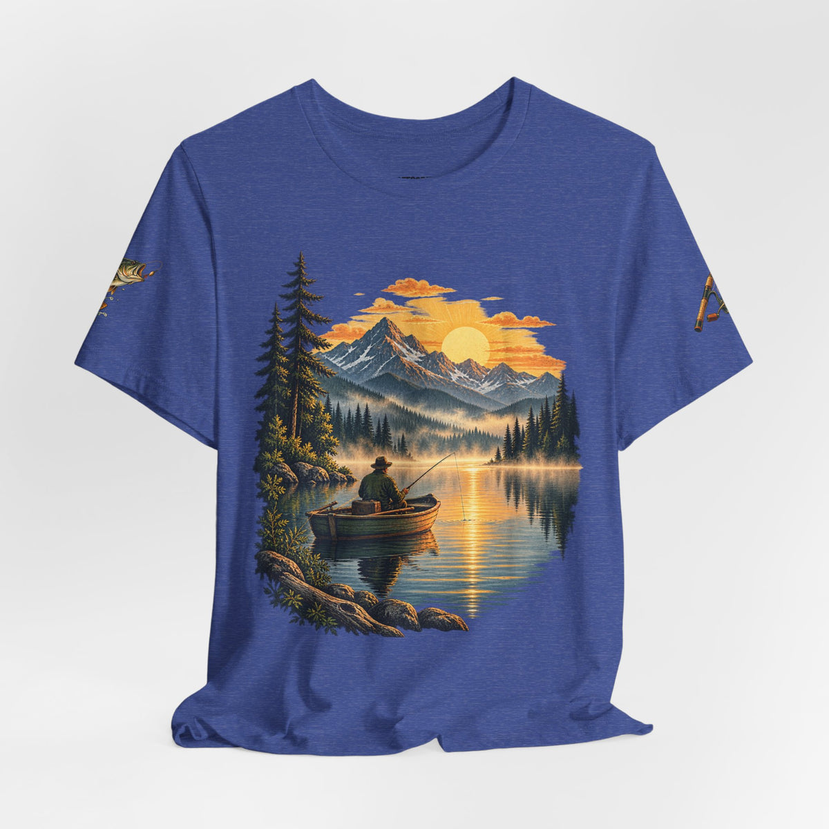 Sunset Lake Fishing T-Shirt — Mountain Boat Fishing Graphic Tee