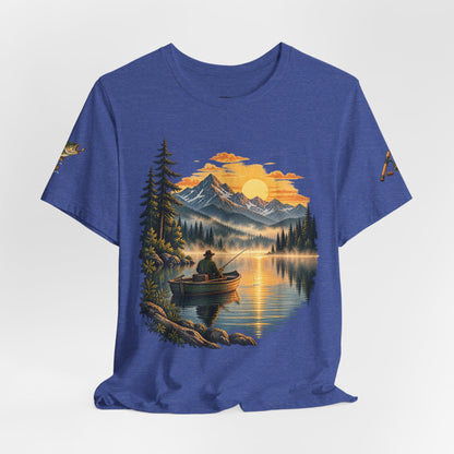 Sunset Lake Fishing T-Shirt — Mountain Boat Fishing Graphic Tee