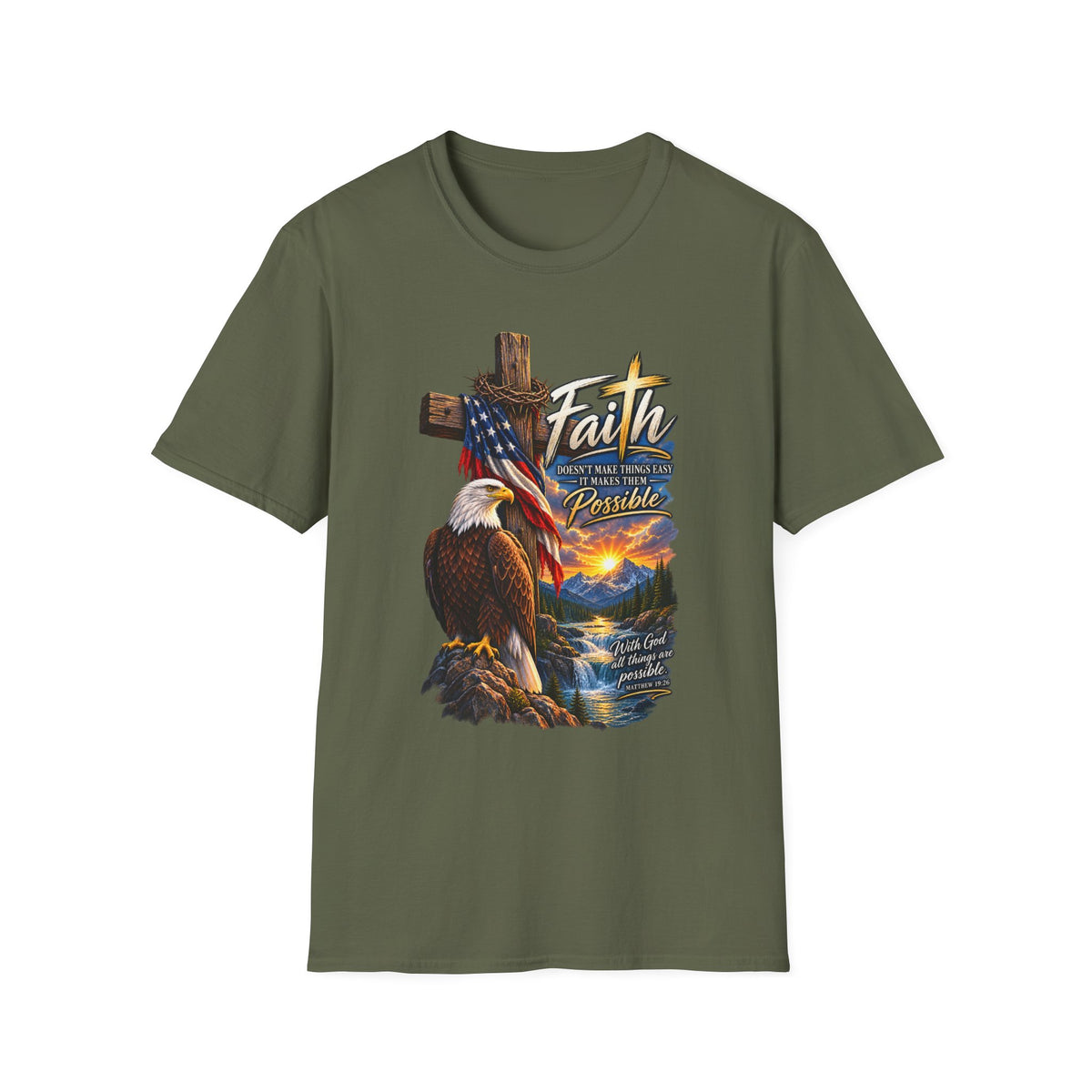 Faith Eagle T-Shirt — 'Faith Makes The Impossible Possible' Patriotic Cross Design
