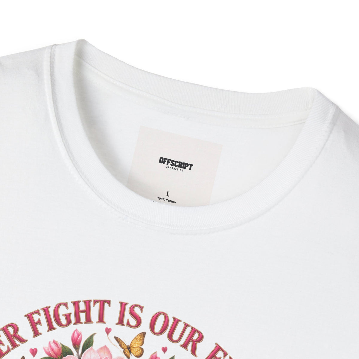 Breast Cancer Awareness T-Shirt – “Her Fight Is Our Fight” Pink Ribbon Floral Tee