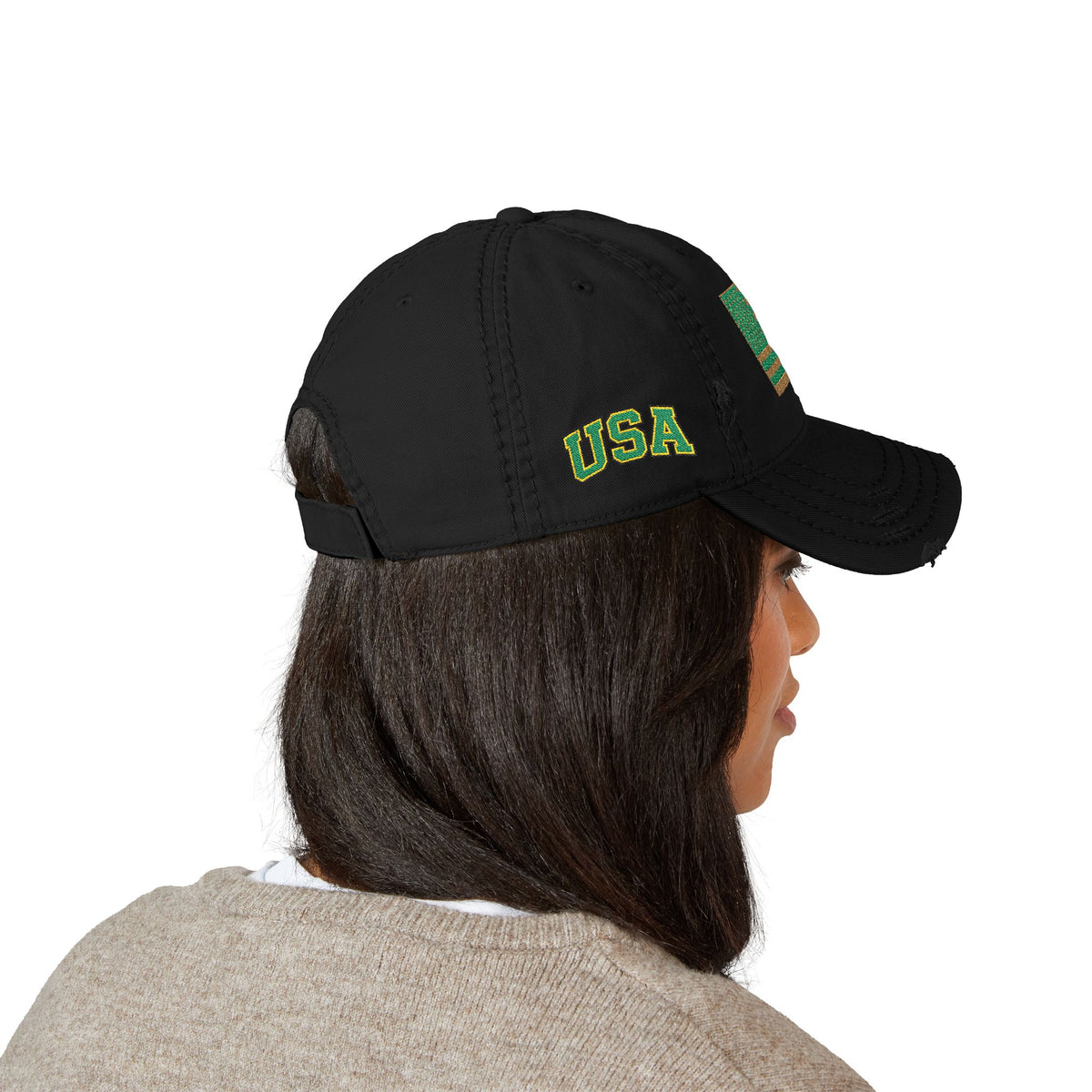 Embroidered Distressed Dad Hat — Green & Gold Flag Patch