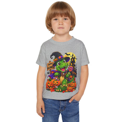 Toddler Halloween Dino T‑Shirt – Cute Witch Dino with Pumpkins & "Happy Halloween" Design