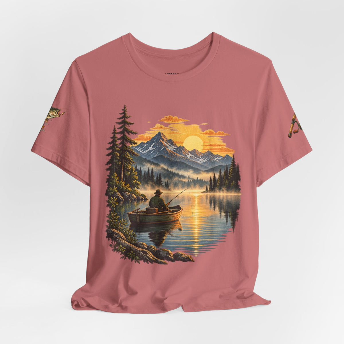 Sunset Lake Fishing T-Shirt — Mountain Boat Fishing Graphic Tee