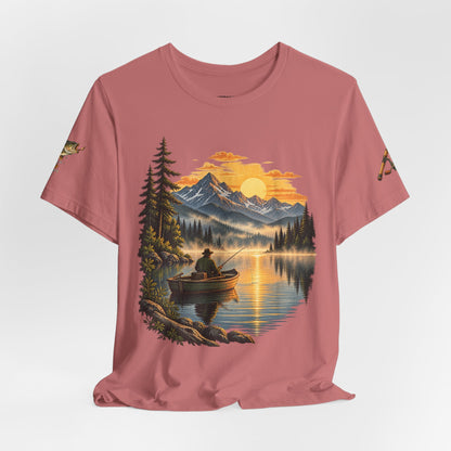 Sunset Lake Fishing T-Shirt — Mountain Boat Fishing Graphic Tee