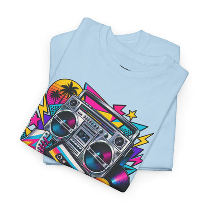 Retro Boombox Tee — 80s Neon Music Graphic T-Shirt
