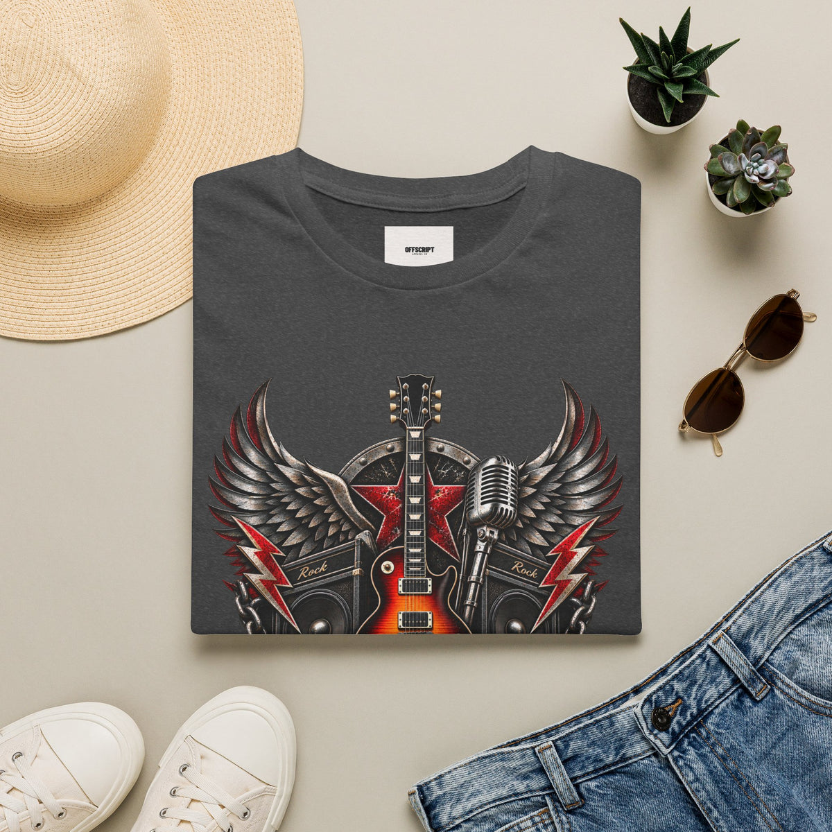 Rock 'n' Roll Guitar Tee — Vintage Winged Guitar & Microphone Design