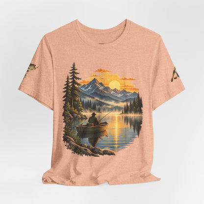 Sunset Lake Fishing T-Shirt — Mountain Boat Fishing Graphic Tee
