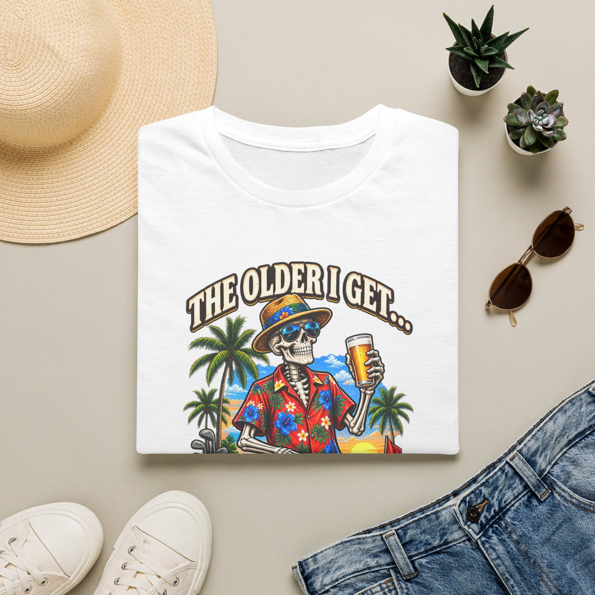 T-Shirt — “The Older I Get… The Further My Balls Go Into The Woods” Retro Tropical Skeleton Humor Tee