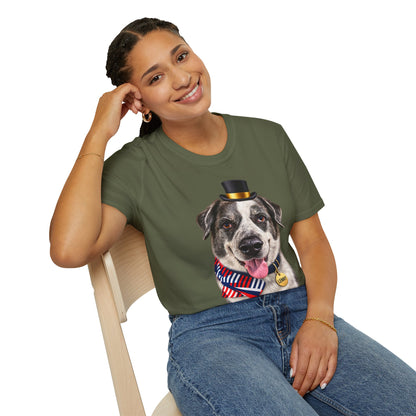Patriotic Pup Tee — Dog with Top Hat & American Flag Bandana