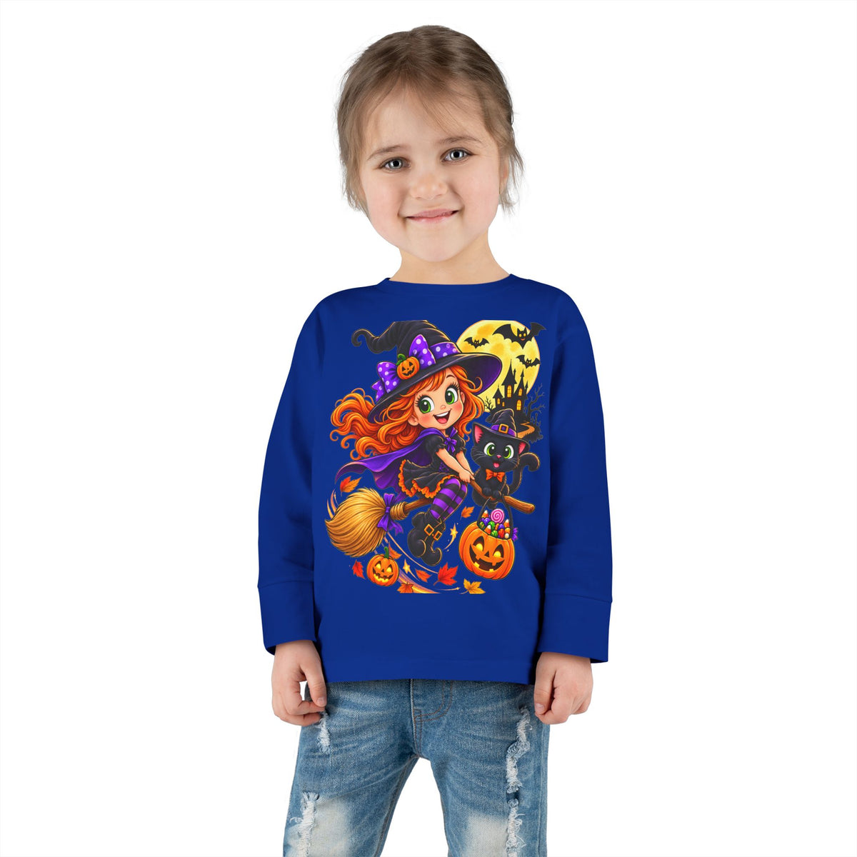 Toddler Halloween Witch Long Sleeve Tee — Cute Witch & Black Cat Pumpkin Design