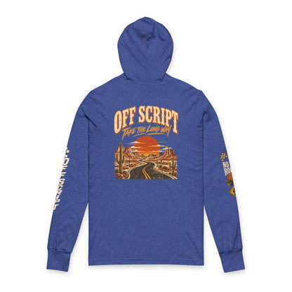 Long Sleeve Hoodie — 'Off Script' Desert Sunset Road Graphic