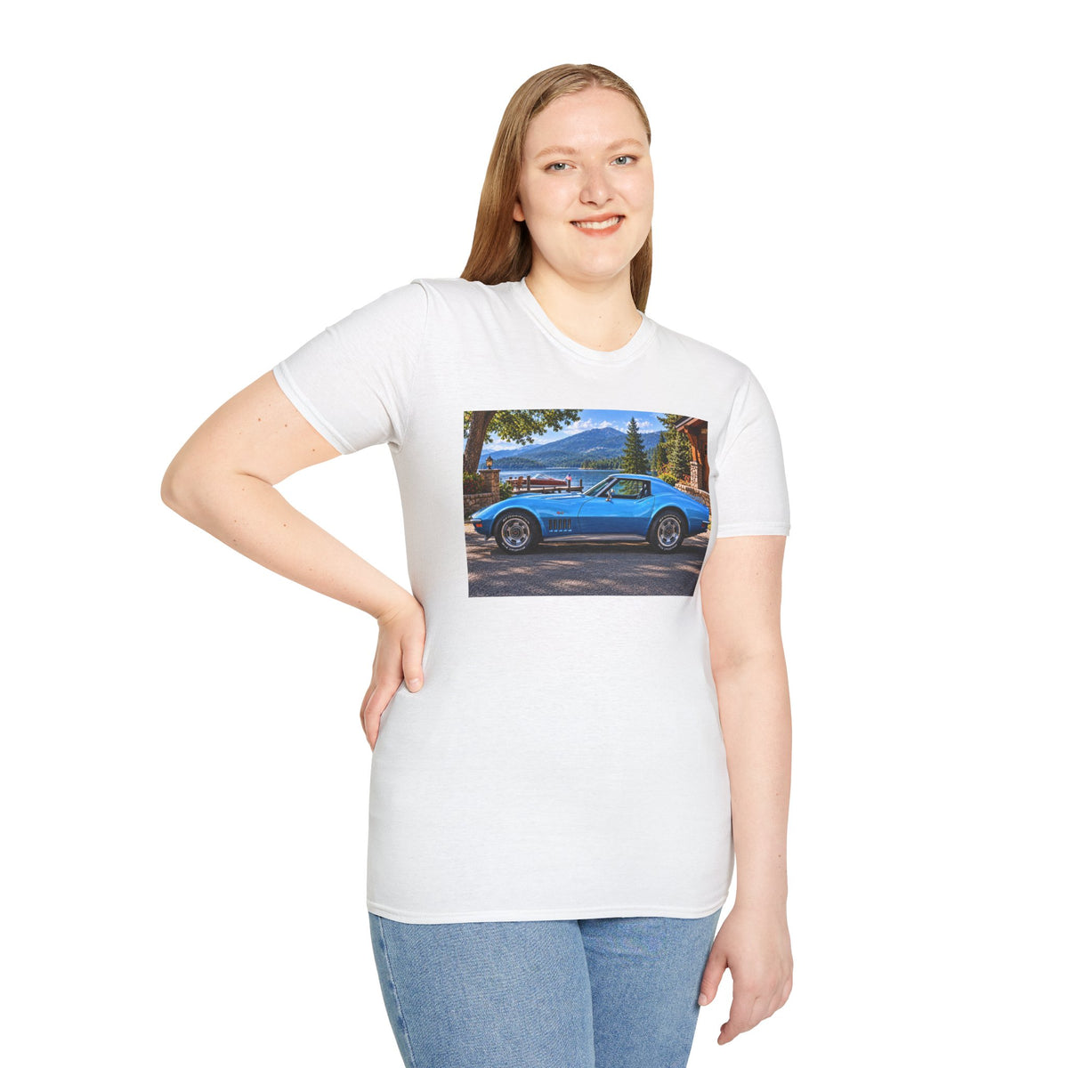 1968 Chevrolet Corvette Stingray Graphic T‑Shirt — Blue Classic Car Lakefront Print