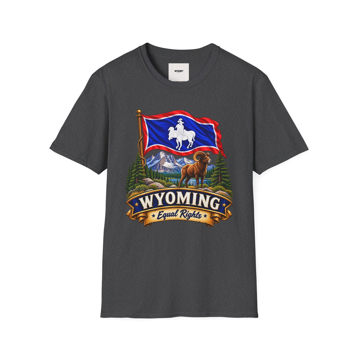 Wyoming Flag T-Shirt — Cowboy & Bison Mountain Scenic Tee