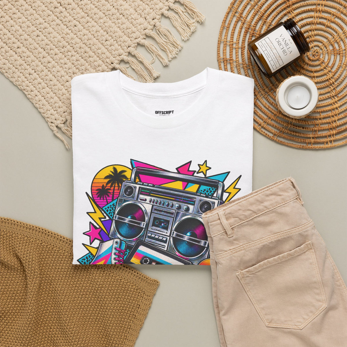 Retro Boombox Tee — 80s Neon Music Graphic T-Shirt