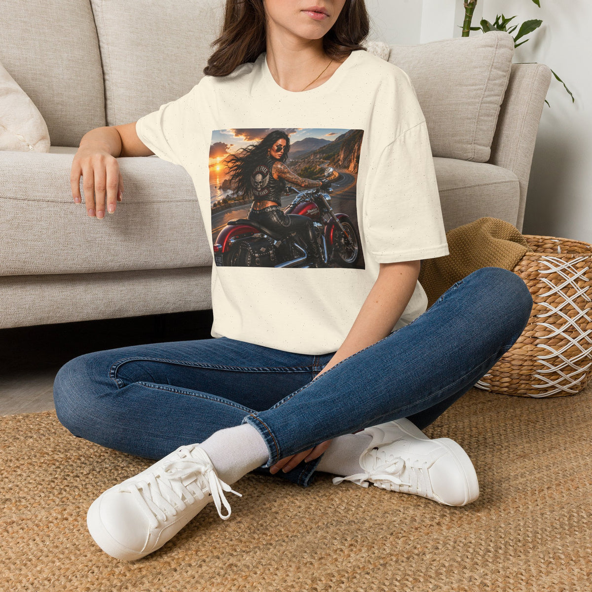 Biker Girl Sunset T-Shirt — Motorcycle Rider Graphic Tee