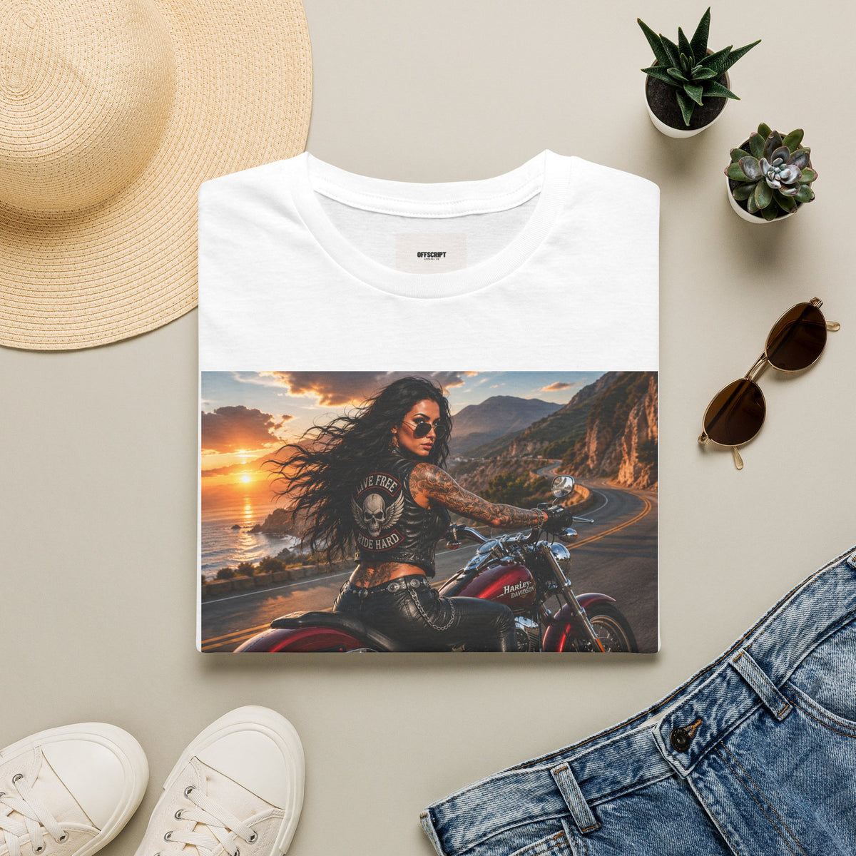 Biker Girl Sunset T-Shirt — Motorcycle Rider Graphic Tee