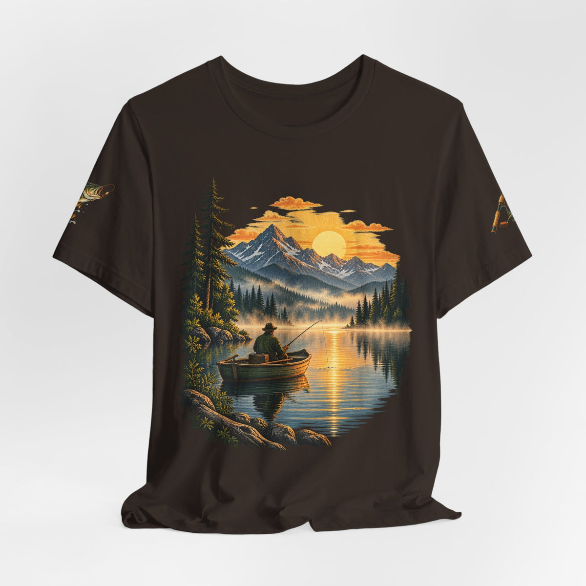 Sunset Lake Fishing T-Shirt — Mountain Boat Fishing Graphic Tee