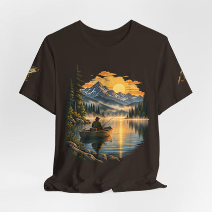 Sunset Lake Fishing T-Shirt — Mountain Boat Fishing Graphic Tee