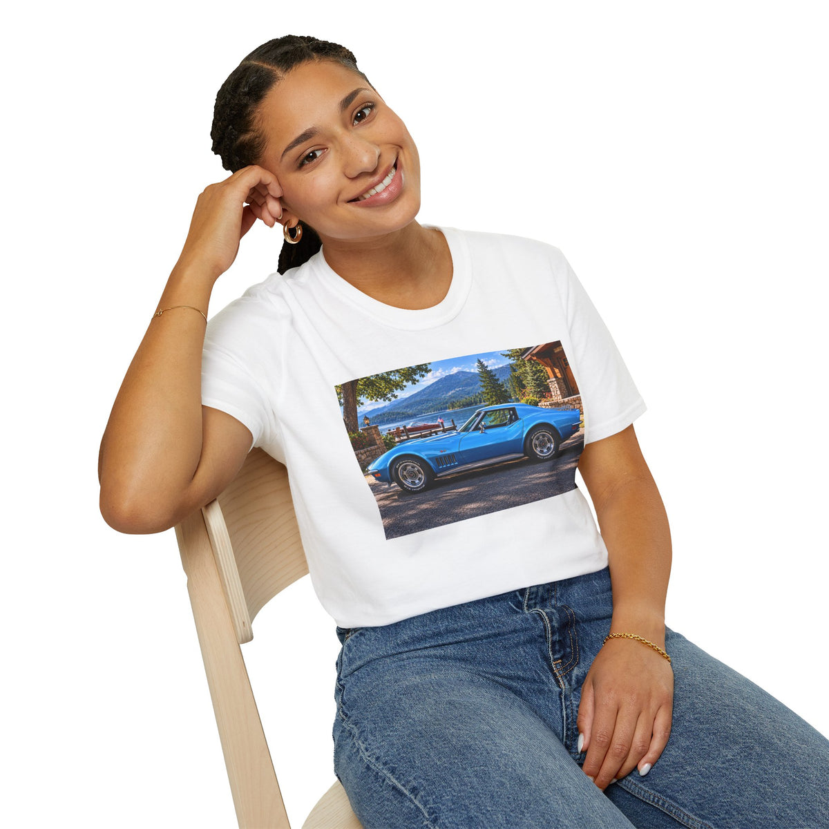 1968 Chevrolet Corvette Stingray Graphic T‑Shirt — Blue Classic Car Lakefront Print
