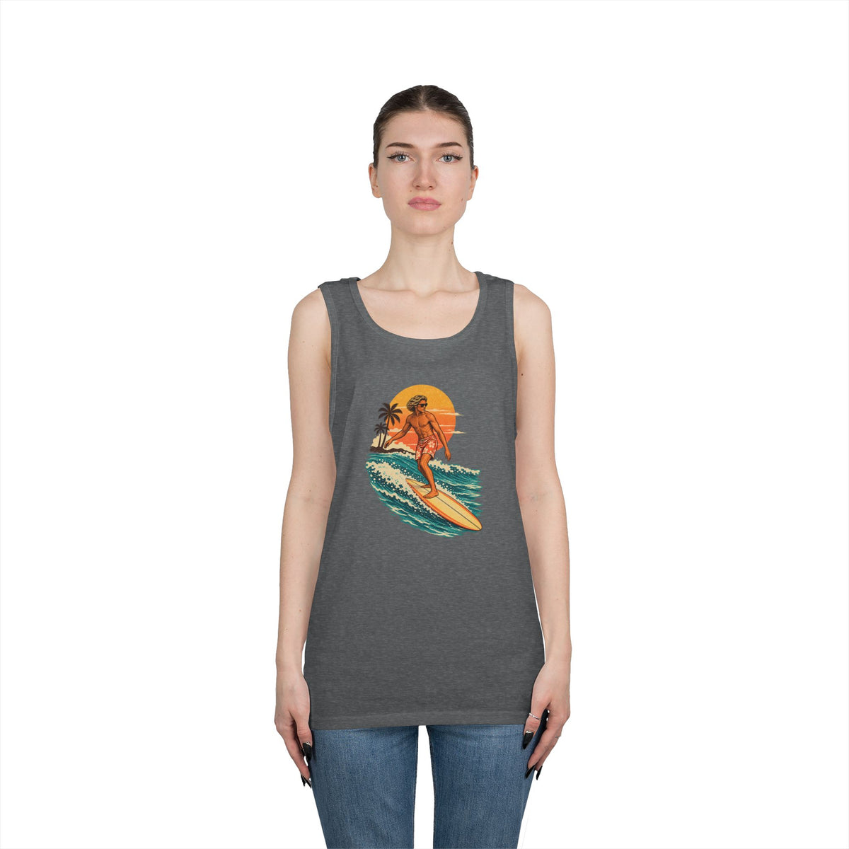 Surfing Sunset Tank — Retro Surfer Graphic Tank Top
