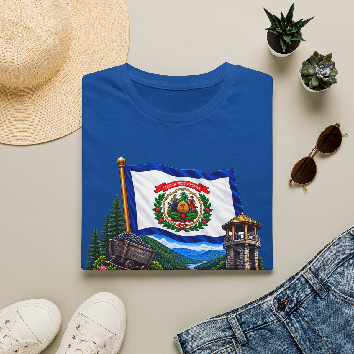 West Virginia Flag T-Shirt — State Pride Scenic Design ("Mountaineers Are Always Free")