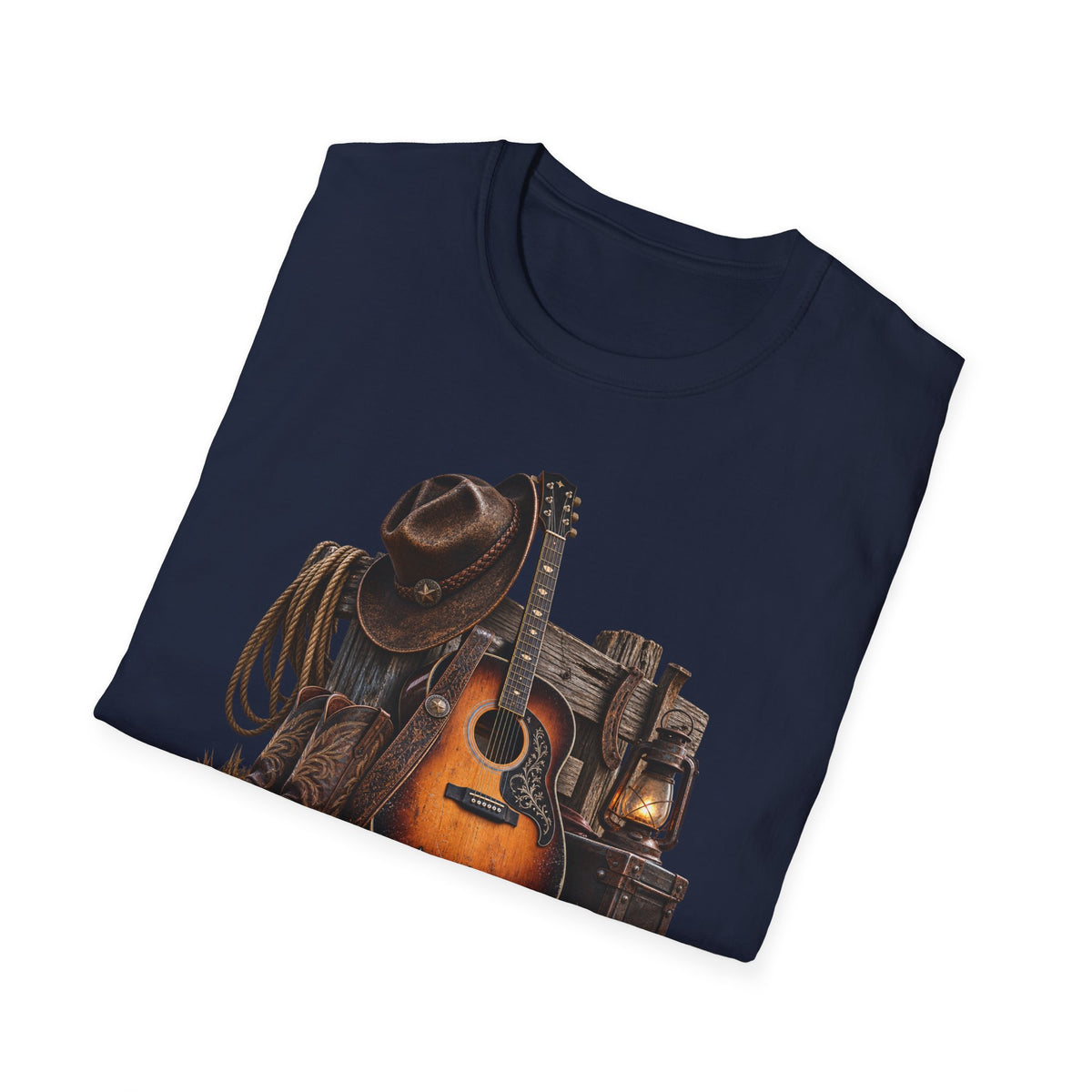 Country Music Guitar T-Shirt — Rustic Cowboy Hat & Lantern Graphic