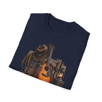 Country Music Guitar T-Shirt — Rustic Cowboy Hat & Lantern Graphic