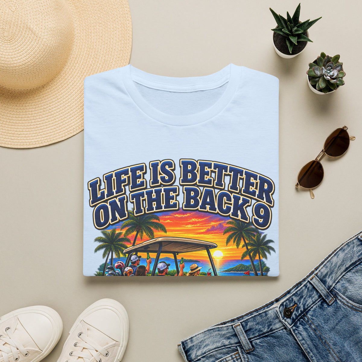 Golf T-Shirt — "Life Is Better on the Back 9" Sunset Golf Cart Design