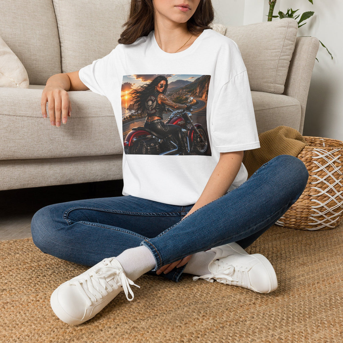 Biker Girl Sunset T-Shirt — Motorcycle Rider Graphic Tee