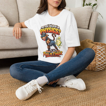 Physics Joke T-Shirt — "Do You Believe in Physics?" Monkey Pull My Finger Graphic Tee