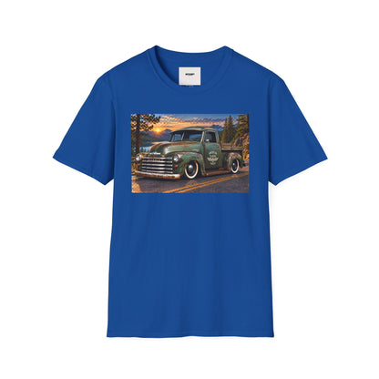 Vintage Green Pickup Truck T-Shirt — Retro Rustic Sunset Road Tee