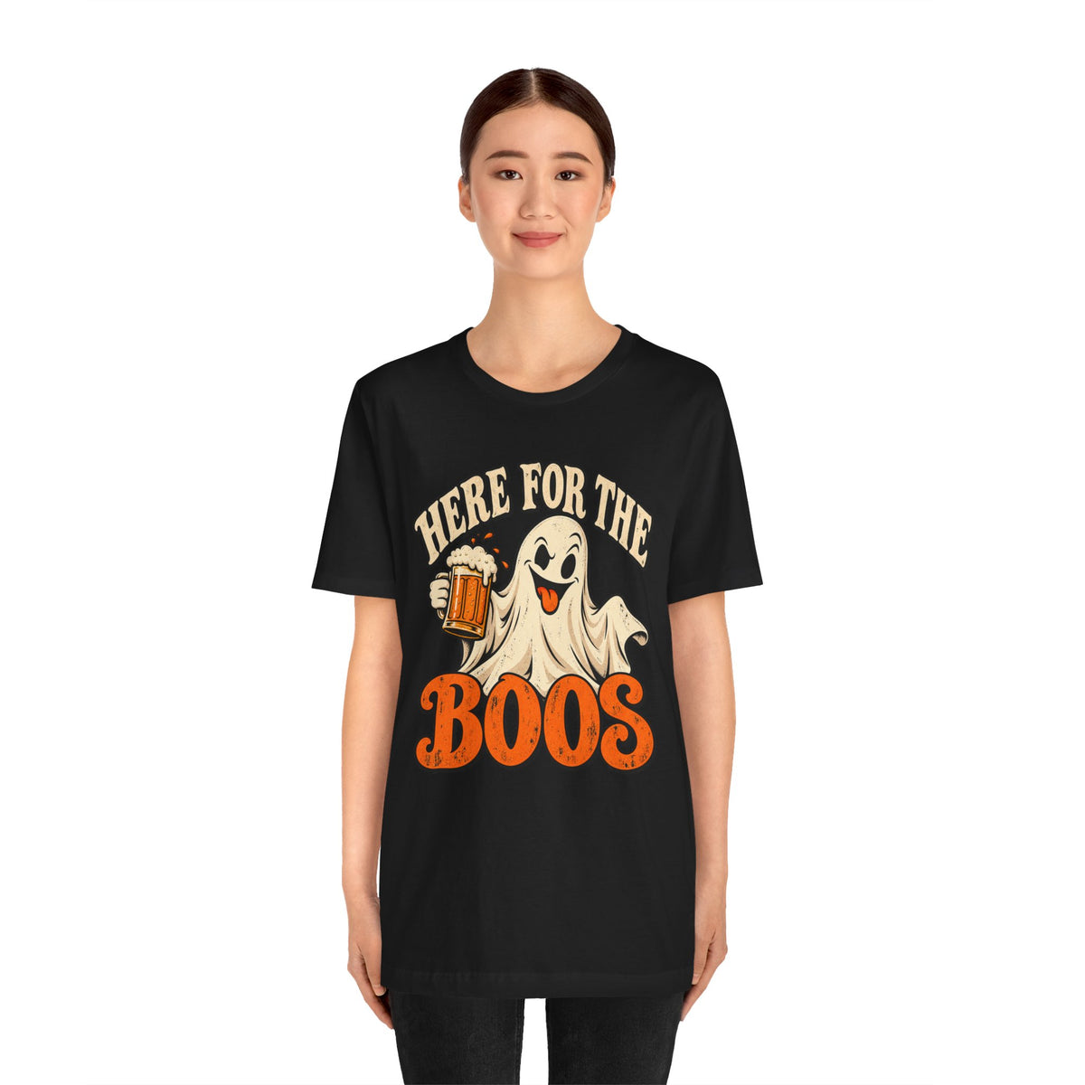 Here for the Boos Halloween T-Shirt — Ghost Drinking Beer Graphic Tee