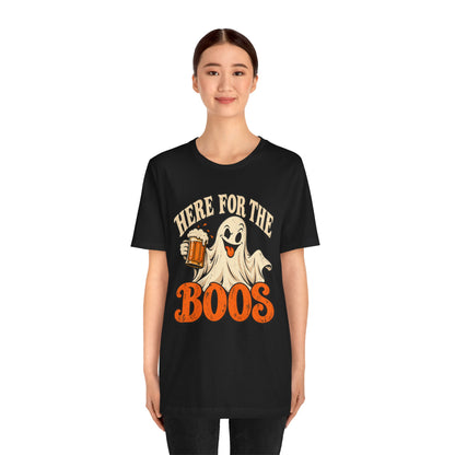 Here for the Boos Halloween T-Shirt — Ghost Drinking Beer Graphic Tee
