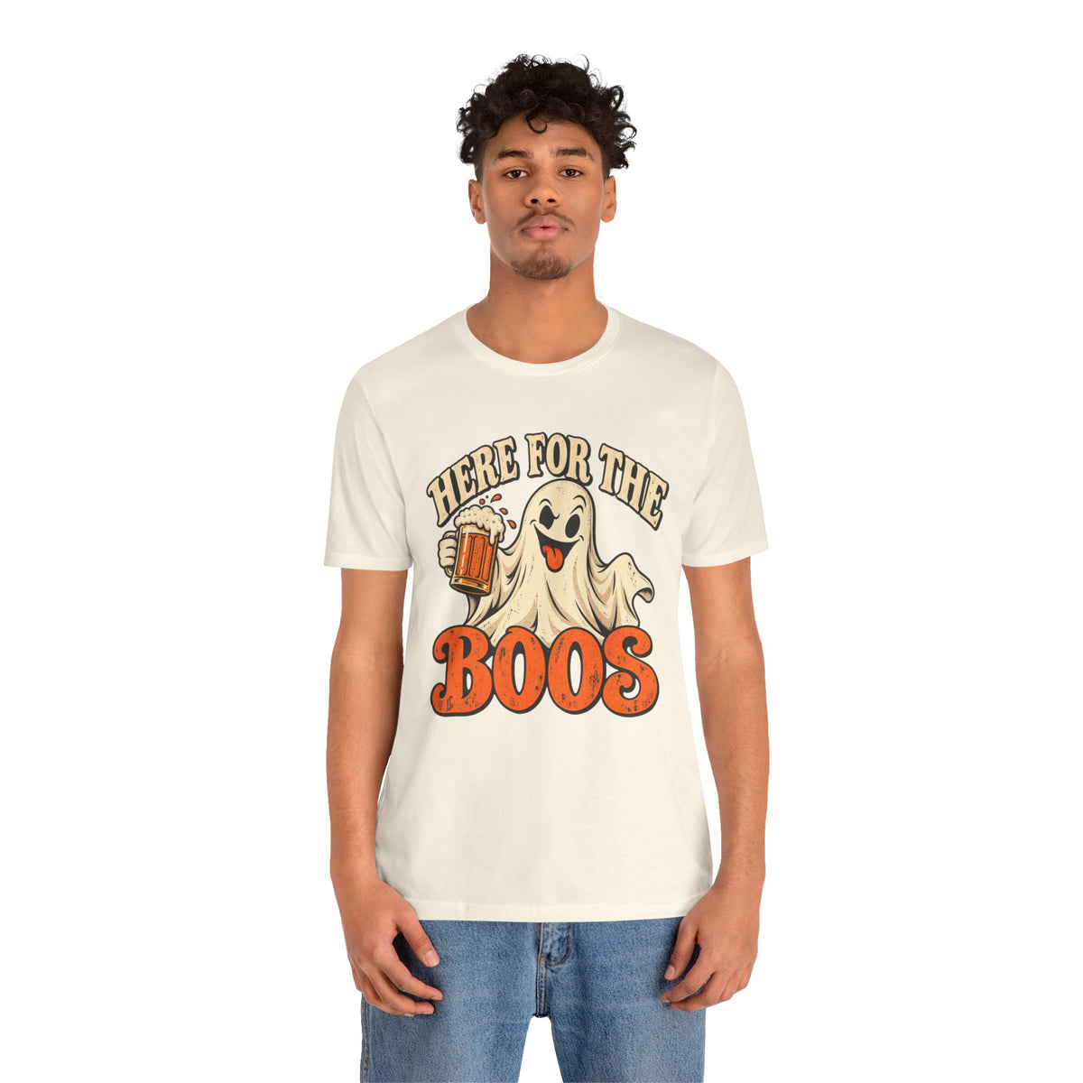 Here for the Boos Halloween T-Shirt — Ghost Drinking Beer Graphic Tee