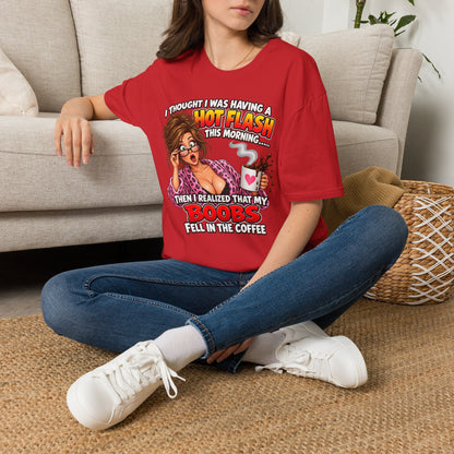 Hot Flash Coffee Tee — Funny Menopause T-Shirt (‘My Boobs Fell in the Coffee’)