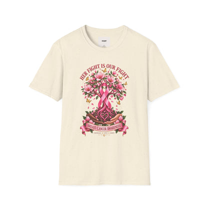 Breast Cancer Awareness T-Shirt – “Her Fight Is Our Fight” Pink Ribbon Floral Tee