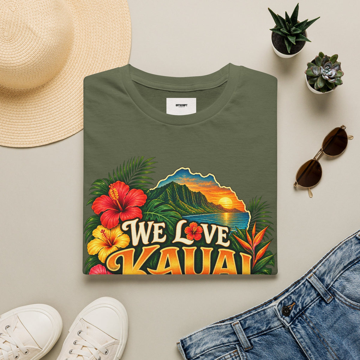We Love Kauai T-Shirt — Hawaiian Island Sunset Floral Tee